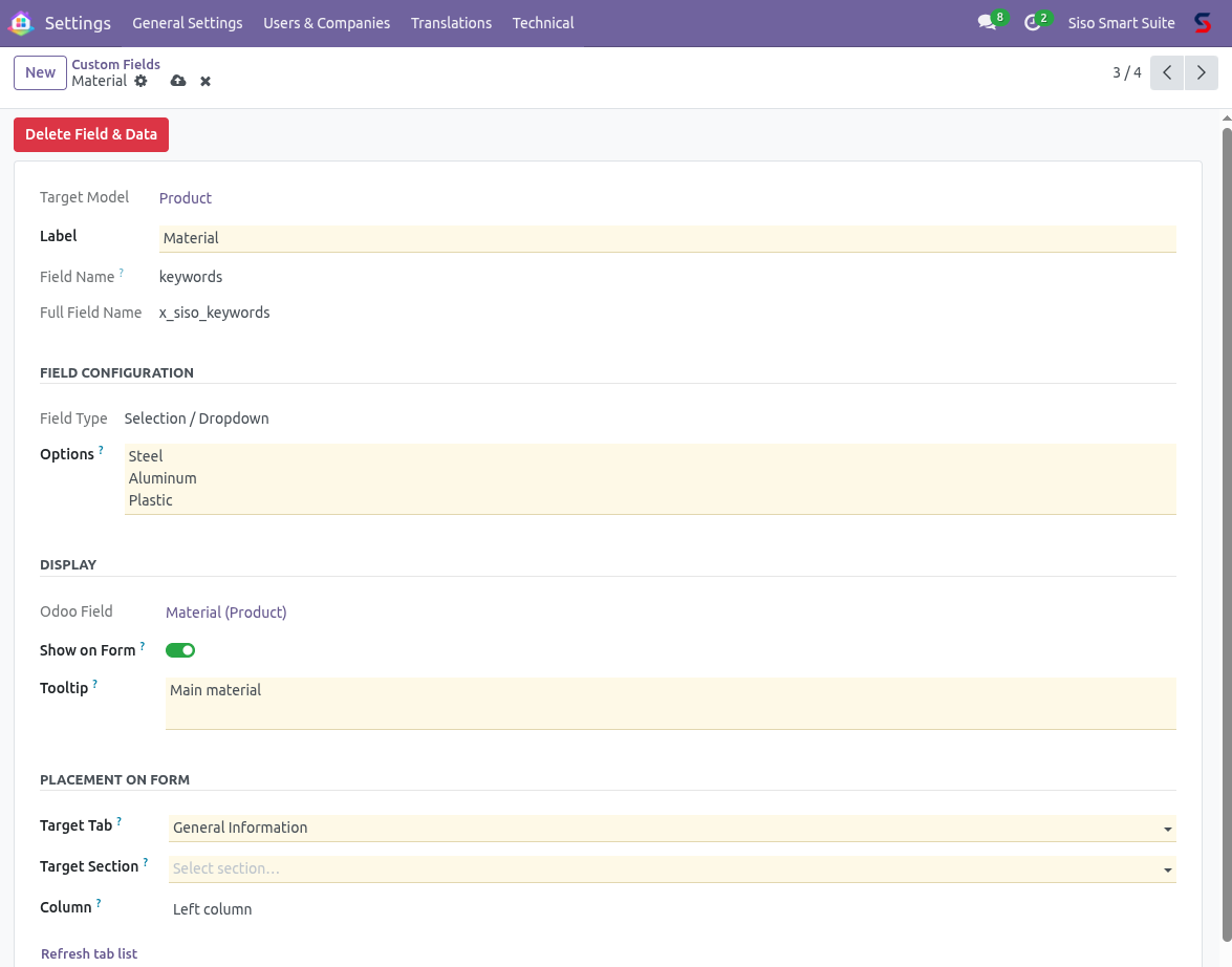 A dropdown custom field on a product form showing available options