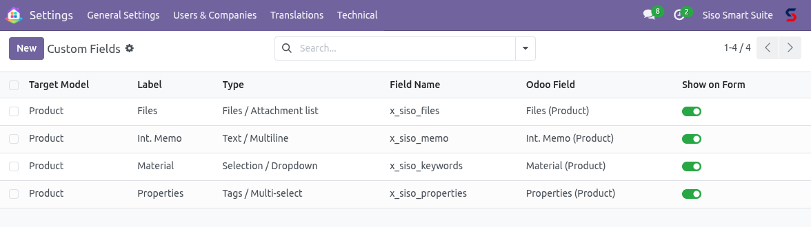 Field type selector showing available types