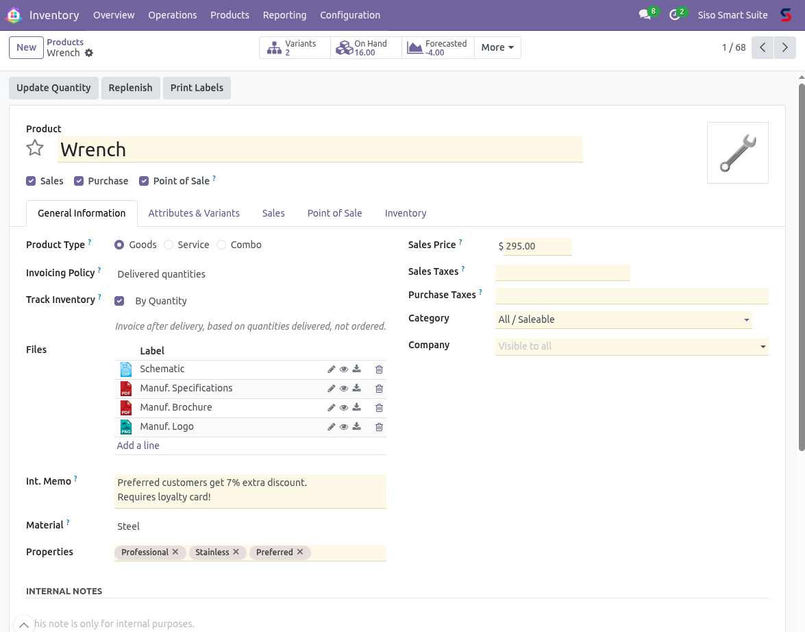Custom fields visible on a product form